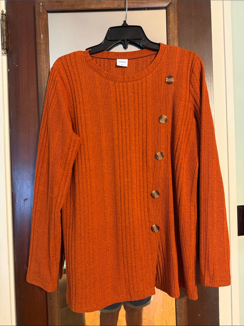 Ribbed Asymmetrical Button Pullover Sweatshirt - Orange